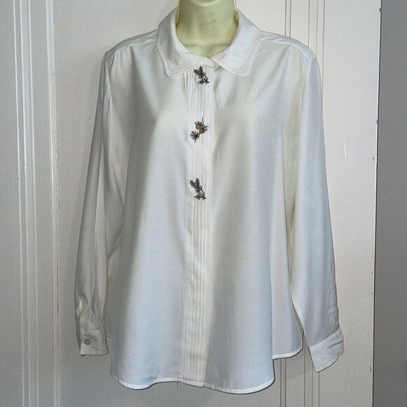 Vtg 90s Susan Bristol petites white blouse with pine needle embroidery - Picture 1 of 13